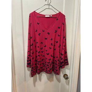 Belle Kim gravel 2X pink navy blue butterfly popover blouse